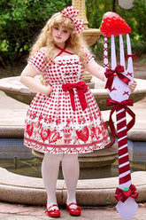 Red Short Sleeves Strawberry Plaid Print Bowknot Sweet Plus Size Princess Lolita Dress